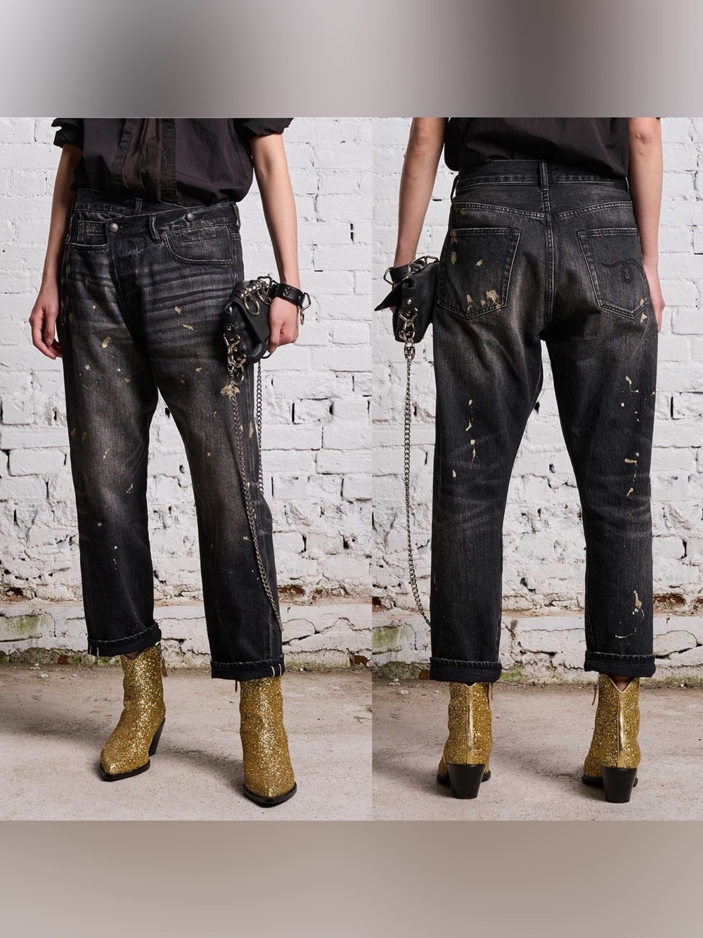 R13 Gold Splatter Crossover Jean in Eton Selvedge Black